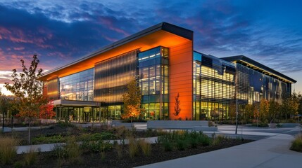 Obraz premium Futuristic Office Building with Solar Panels