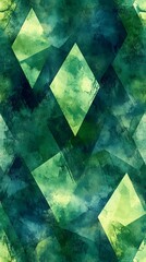 Abstract seamless pattern with green and blue leaves, green watercolor background, vector illustration, flat design, geometric