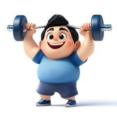 Obraz premium A cheerful cartoon character lifting dumbbells with a big smile on a white background.