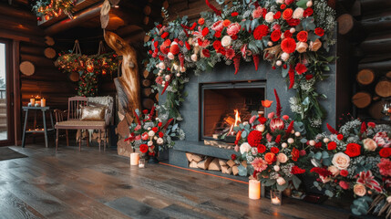 cozy and romantic fireplace setup adorned with vibrant red and white floral decorations creates warm atmosphere. elegant arrangement of flowers and candles enhances inviting ambiance