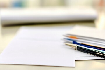 A stack of pens and paper on a desk, perfect for office or school use