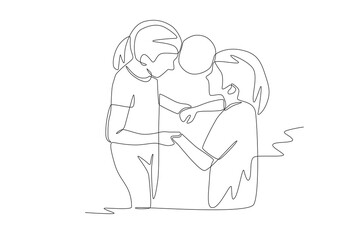 Children play with a ball on their heads. Children games concept one-line drawing