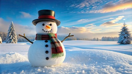 Obraz premium Cheerful snowman with a top hat and scarf standing in a winter wonderland , festive, holiday, snowy, cute, decorations, fun, seasonal
