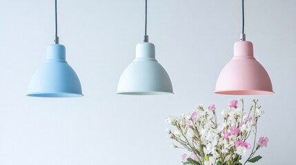 Obraz premium Three plastic pendant lamps in soft colors, arranged in a minimal style against a white wall; sleek, modern look.