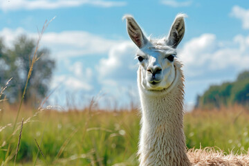 Naklejka premium Generated AI portrait of alpaca in rural countryside farm