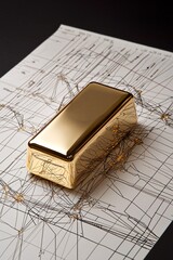 Close-up of a gold bar placed on a line chart that demonstrates market volatility, highlighting the cautious approach needed in gold investments. Background includes generous copy space.