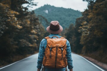 A man walks down a road wearing a hat and carrying a backpack, great for outdoor adventure scenes or travel stock photos