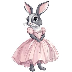Obraz premium A cartoon rabbit in a fancy party dress on a white background.