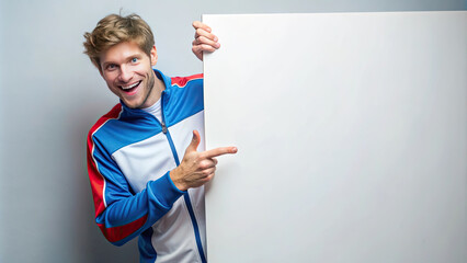 Athlete man in sportswear pointing at a blank mock up canvas isolated on a light background.