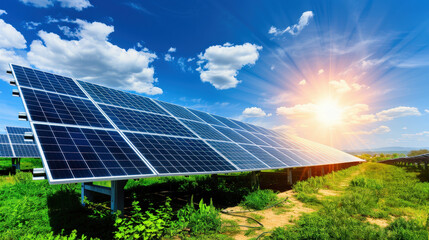 Solar panels aligned in vast field soaking up sunlight under clear blue sky. vibrant green surroundings and bright sun create hopeful and sustainable energy scene