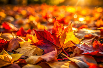 A vibrant autumn scene filled with a variety of colorful leaves, showcasing shades of red, orange, and yellow on the ground, illuminated by warm sunlight.