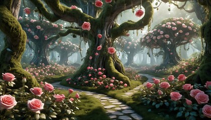 Obraz premium Dreamy Pink Rose Pathways in the Enchanted Wonderland Forest, Ai generated Images
