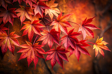 Vibrant red maple leaves showcasing autumn colors against a warm, blurred background, capturing the essence of fall's beauty.