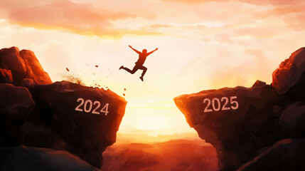 Silhouette of Person Leaping from 2024 to 2025, Symbolizing New Year Transition and Growth