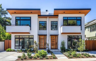Modern home exterior with white stucco walls, wooden cladding, and large glass windows