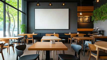 Empty Modern Cafe Interior with Wooden Furniture and Large Window, Cozy and Stylish Setting