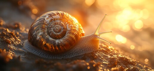A snail with a spiral shell in the golden light of the sun.