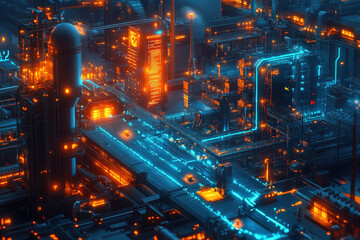 Fototapeta premium A vibrant, futuristic cityscape illuminated by glowing lights and intricate industrial structures.