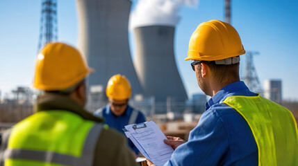 Construction manager discussing safety protocols at nuclear power plant, ensuring safety measures are in place