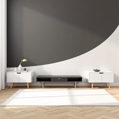Modern living room interior with white cabinets, black tv stand, and white rug on wooden floor.