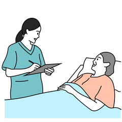 病室で高齢患者を診察する看護師のイラスト