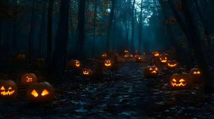 An eerie forest with glowing pumpkins at night.