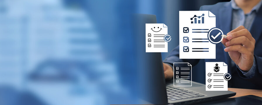 Business performance checklist, satisfaction, and productivity evaluation concept, online survey, online exam