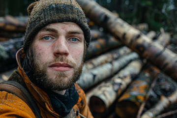 Obraz premium Generative AI image of a handsome virile bearded woodcutter at work in a traditional woodworking workshop