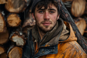 Obraz premium Generative AI image of a handsome virile bearded woodcutter at work in a traditional woodworking workshop
