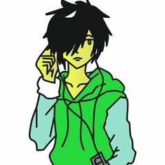 cartoon illustration of a guy, wearing a green jacket while listening to music