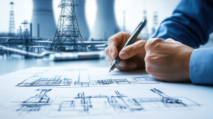 Engineer sketching designs for nuclear power plant, showcasing technical expertise and innovation in energy solutions. background features cooling towers and industrial structures