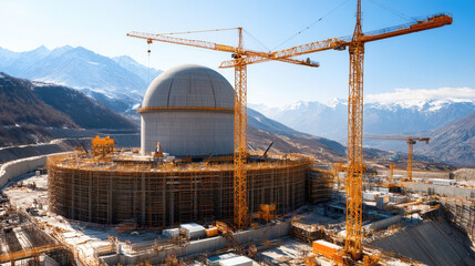 Nuclear power plant construction site with cranes and mountains. site showcases advanced engineering and infrastructure development in scenic landscape