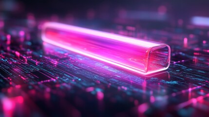 Glowing Pink Rectangular Object on a Neon Circuit Board