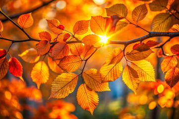 A close-up of autumn leaves capturing sunlight, creating a warm, golden glow in a vibrant fall landscape.