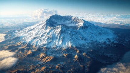 Majestic snow-capped mountain peak with a crater, surrounded by clouds.