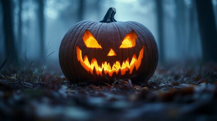 Scary glowing jack-o'-lantern pumpkin with sharp teeth for Halloween night decor.
