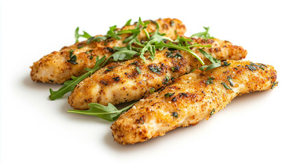 Almond flour chicken tenders with greens and cheese isolated on white background