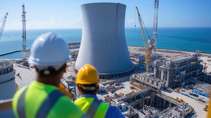 panoramic view of nuclear power facility with cooling tower and workers observing construction site. scene captures industrial activity and coastal landscape