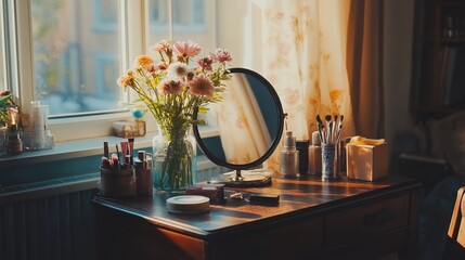 A wooden vanity table with a mirror, a vase of flowers, makeup brushes, and other items. Sunlight shines through the window in the background.