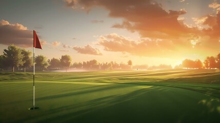 Wide landscape view of a serene golf course, with a vibrant green fairway stretching out and the flag positioned on the side. The golden hour light paints the scene in a warm glow, while trees