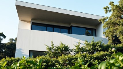 Modern architecture, clean lines and minimalist design, surrounded by lush greenery, creating a sense of tranquility and harmony.