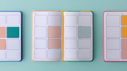 A colorful arrangement of planners laid open, showcasing blank schedules and sections for organizing tasks and appointments.
