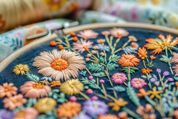 A person is skillfully embroidering a floral design on a soft blue fabric generative AI image