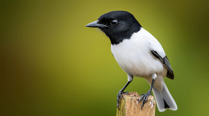 Close-up of a black and white bird perched on a wooden post against a blurred green background.