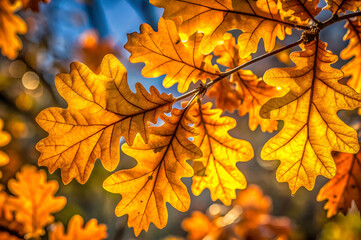 Fototapeta premium Vibrant orange oak leaves glimmer in sunlight, showcasing their intricate shapes against a blurred background, embodying the essence of autumn.