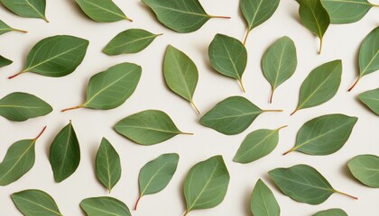 A detailed composition of fresh green leaves on a subtle beige background, perfect for nature-themed projects.