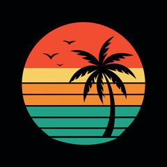 Palm trees on the beach. Vector illustration in flat style for T shirt design