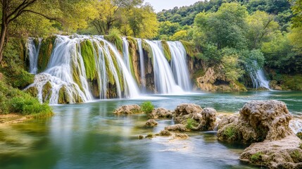 Obraz premium Majestic Waterfall Cascading into Tranquil River