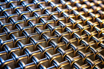 A close-up view of a metallic mesh surface, showcasing a geometric pattern of interconnected elements with a reflective finish.