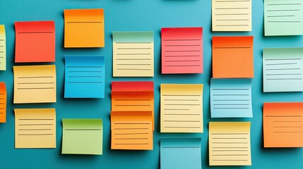A vibrant arrangement of colorful sticky notes affixed to a blue background, showcasing various sizes and colors for organization and creativity.